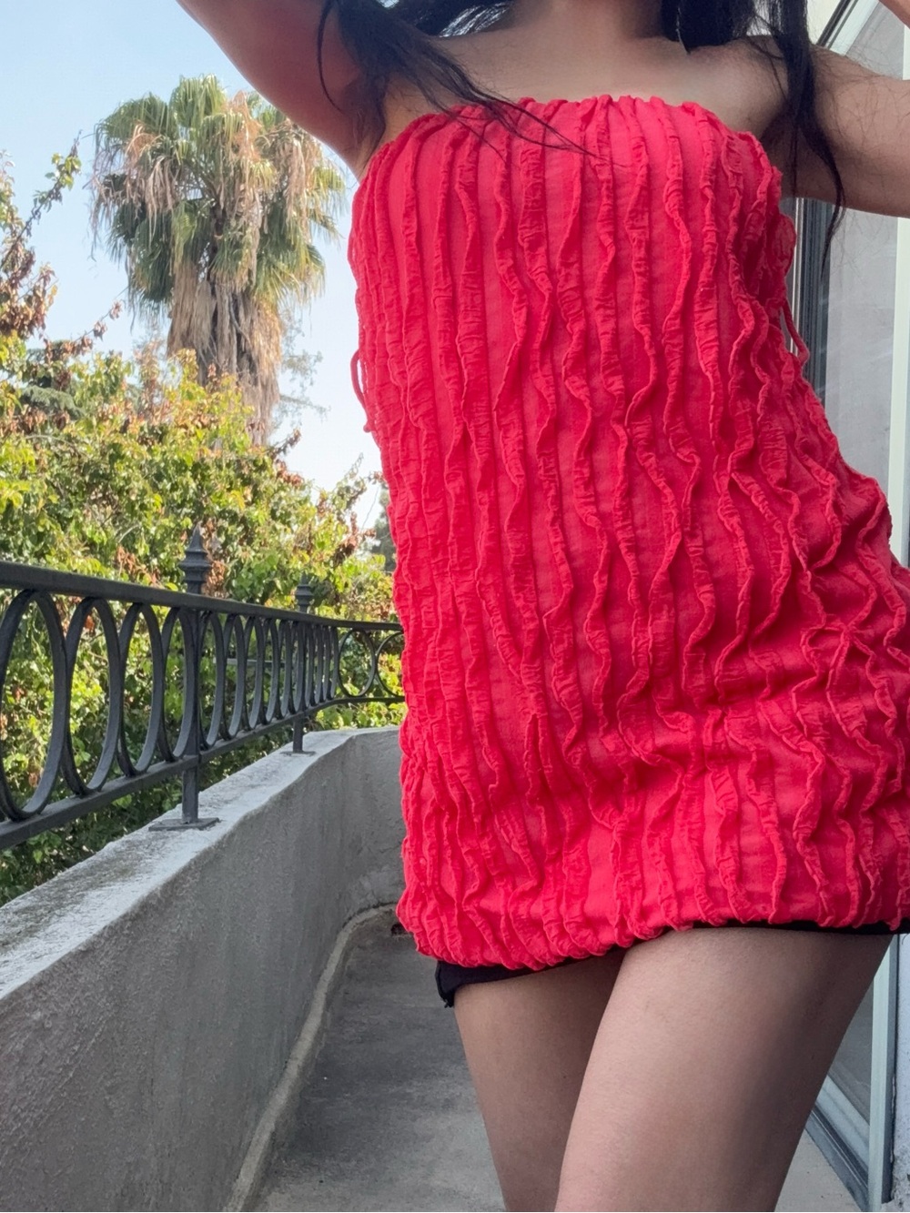 Textured Strapless Mini Dress in Bright Red